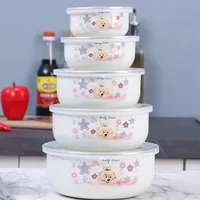 Ensemble créatif de 5 bols en émail à motifs floraux et animaux avec couvercles en plastique, compatibles micro-ondes, pour la cuisine et la maison, pour servir des salades