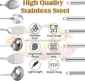 Ensemble d'ustensiles de cuisine en acier inoxydable résistant à la chaleur comprenant une spatule, une cuillère de service, une louche, une écumoire et un serveur de pâtes - Product Image 3