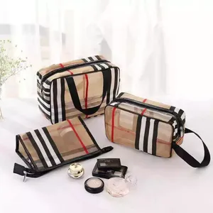 3pcs/Set Cosmetic Bag Vintage Designer PVC Mesh Stripe Waterproof Travel Bags Multifunctional Transparent Makeup Storage Bag