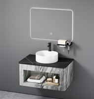 Meuble-lavabo mural moderne avec étagère ouverte, motif marbre, vasque à poser en céramique ronde, unité de lavabo flottant