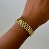 Bracelet de montre classique et élégant pour femme, en acier inoxydable bicolore, maillons plaqués or avec zircon, idéal pour les anniversaires