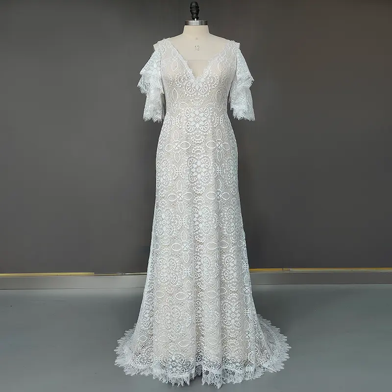 100% foto reali Boho collo a v maniche corte applique abito da sposa in pizzo spazzata treno spiaggia donna abito da sposa per matrimonio