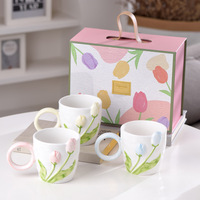 Tasse créative en céramique motif tulipe 3D, résistante aux hautes températures, avec poignée et cuillère, idéale pour café et lait, coffret cadeau de bureau