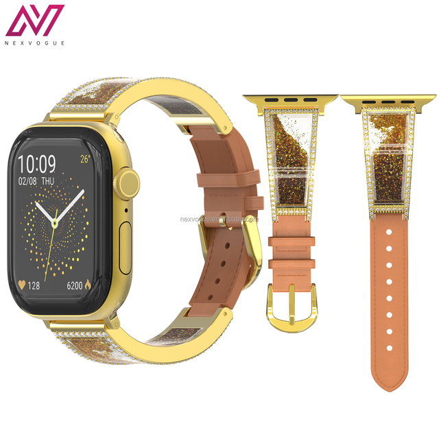 NEXVOGUE Dynamic Flashing Sand Core Leather Stainless Steel Bangle Watch Band for Watch Ultra 49mm Luxury Design 5 Colors