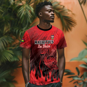 Maillot de l'équipe nationale de football de Mauricienne - T-shirt de football rouge avec motif dodo et flamme, texte « Les Dodos », nom personnalisé - Product Image 3