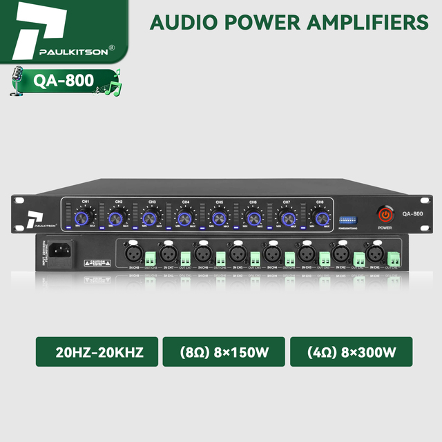 Paulkitson QA800 Professional Class D Power Amplifier 8X150W Audio Power 8 Channels Audio Amplifier