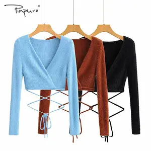 R40457S 2021 autumn new fashion women comfortable blouses ladies deep-v neck bandage design knitted blouses