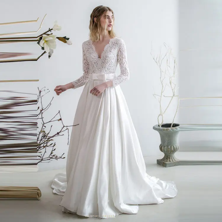 2023 New Mermaid Wedding Dress Trailing Thanh Lịch Trắng V Cổ Dài Tay Áo Váy Pháp Satin Ren Mỏng Đơn Giản Ăn Mặc
