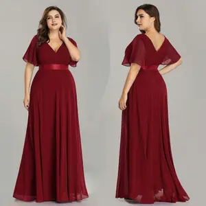 Plus Size Evening Dresses Pretty V-neck Elegant A-line Chiffon Long Party Gowns 2019 Short Sleeve Occasion Dresses