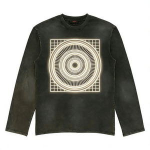 <span class=keywords><strong>T</strong></span>-shirt à manches longues pour homme en gris foncé délavé vintage avec imprimé géométrique en patchwork, col rond classique, tissu doux - Product Image 2