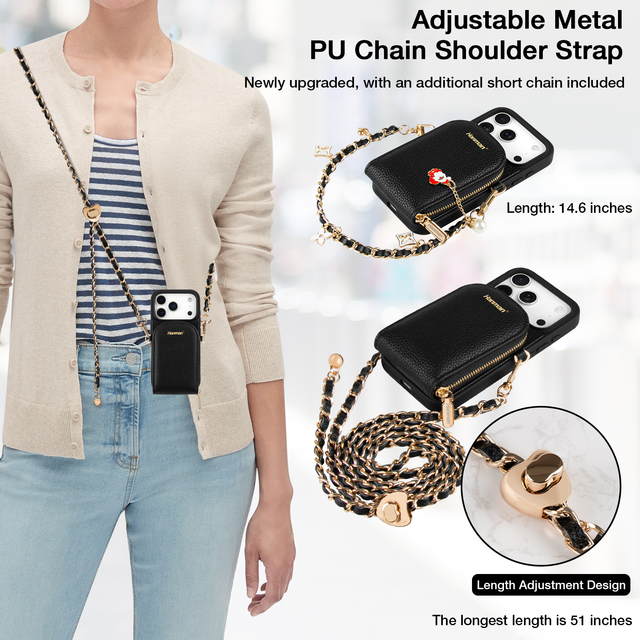 Custom Durable Microfibre Leather iPhone 17/18 Card Holder RFID Anti-theft Mobile Phone Case Purse Adjustable Metal Chain