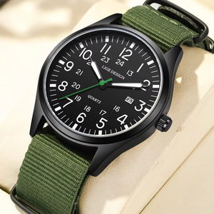 Reloj de Pulsera Deportivo de Cuarzo para Hombre, Minimalista, con Correa de Nailon Verde, Esfera con Números Arábigos, Visualización de 24 Horas, Resistente al Agua, Luminoso, con Calendario - Product Image 1