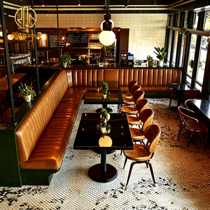 Ensemble de mobilier commercial Ron Group pour café-<span class=keywords><strong>restaurant</strong></span> : table carrée en marbre et banquette en cuir à dossier haut - Product Image 2