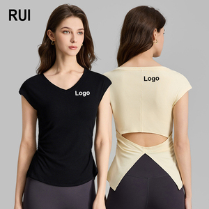 RUIQUWIN Wholesale Women's Solid Color Short Sleeve Lightweight Breathable Moisture Wicking Hollow Skinny Fit V-neck Sports - Product Image 1