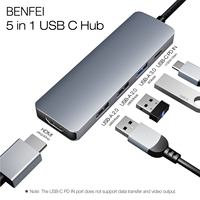 Hub USB-C 5-en-1 personnalisable avec prise 4K, 3 ports USB-A, alimentation 100W, compatible OEM à 100% pour ordinateur portable, câble en silicone/tressé, boîtier en aluminium
