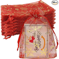 Sacs cadeaux en organza rouge 4x6 pouces avec motif flocon de neige, petits sacs à cordon en maille pour bonbons, friandises et cadeaux de Noël