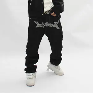 Özel Logo erkek baskı kot Hip Hop gevşek Baggy Streetwear toptan yüksek kalite serin yıkanmış siyah erkek kot pantolon