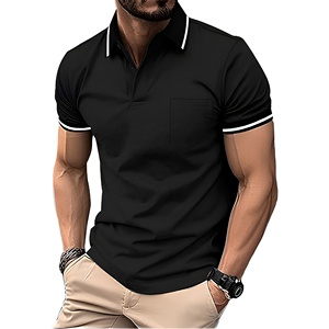 Polo de Manga Corta Negro para Hombre con Bolsillo, Color Sólido, Diseño Casual de Algodón Transpirable, Corte Regular - Product Image 1