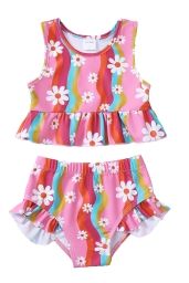 Costume da bagno Casual a due pezzi per bambine e bambine costume da bagno a righe senza maniche con foglie di <span class=keywords><strong>palma</strong></span> Bikini da spiaggia - Product Image 4