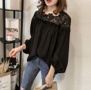 Chemisier ample décontracté pour femme, <span class=keywords><strong>style</strong></span> coréen, en dentelle florale, couleur unie, col rond, manches longues, grande taille, collection automne - Product Image 2