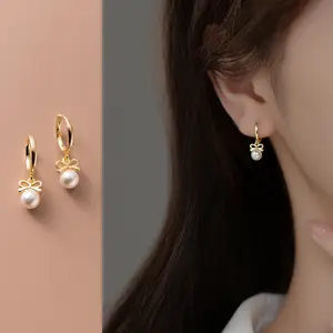 Korean Version Simple Hoop Earrings Small Sterling Silver Women Pearl Drop Bow Knot Earrings