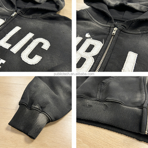 Sudadera con capucha para hombre OEM ODM personalizada, estilo vintage de moda primaveral, con efecto desgastado, lavado Monkey Wash, apliques, bordados, serigrafía y cremallera. - Product Image 2