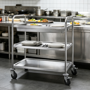 Carrito de Servicio de 3 Niveles Pequeño de Acero Inoxidable, Tubo Redondo de 0.8mm, con Ruedas Silenciosas para Cafetería - Product Image 1