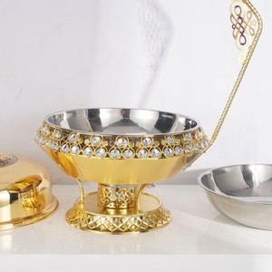 Gold Plated Stainless Steel Buffet <b>Stove</b> 8L Round Chafing Dish With Diamond Encrusted Lid For Hotel Restaurant Use - Product Image 3