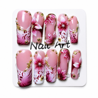 TSZS 10 pièces Faux ongles à presser longs imprimé léopard faits main, de luxe, avec fleurs 3D marron et perles dorées décorées, réutilisables