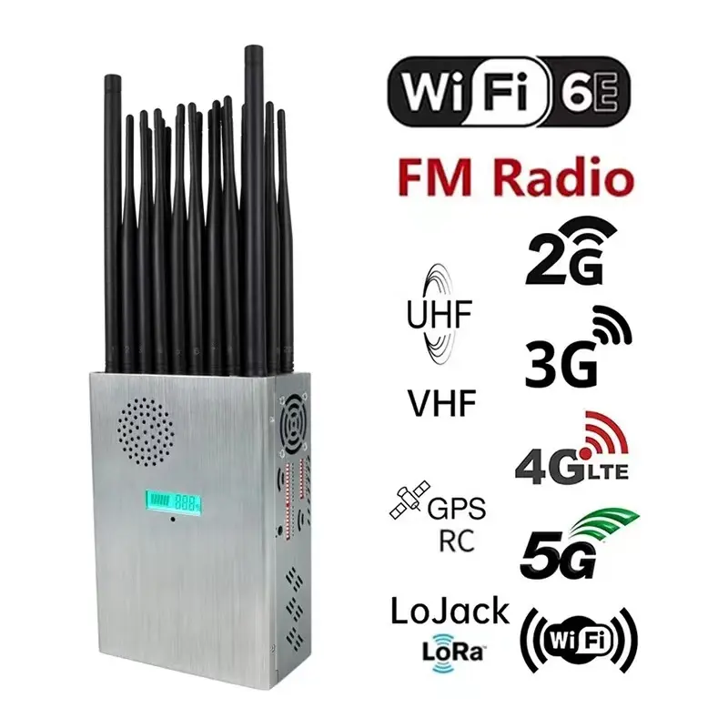 28 Bands 27 Antenna FM Radio Wi-Fi6e Wi-Fi2.4GWi-Fi5G GPS Lojack Lora UHFVHF 315 433 868 2G 3G 4G 5G Cell Phone Signal inhibitor