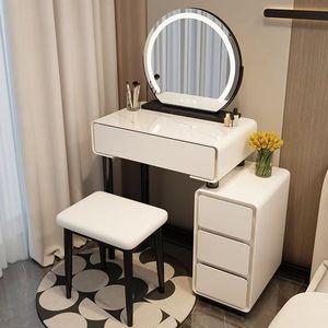 Table de toilette de luxe pour chambre à coucher avec miroir rond éclairé, rangement - Product Image 2