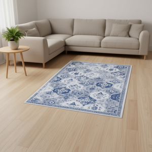 Tappeto Rettangolare Blu Medaglione 9x12 a Pelo Corto con Base in Gomma, Stile Classico per Soggiorno, Camera da Letto e Sala da Pranzo - Product Image 2