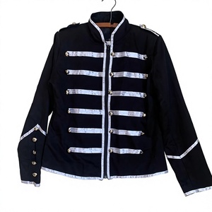 Veste noire pour homme avec garnitures et boutons argentés, col montant, fermeture éclair, tenue formelle d'hiver - Product Image 1