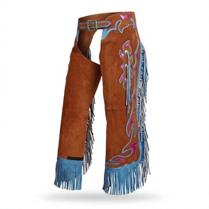 Chaps d'équitation western en daim marron de qualité supérieure, taille haute, avec incrustations bleues et roses, franges et motif floral brodé à la main, pour l'équitation complète - Product Image 2