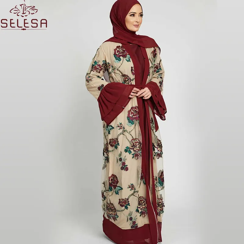 2020 yeni tasarım moda nakış güzel uzun kollu İslam ön açık Abaya müslüman kadınlar için Kimono