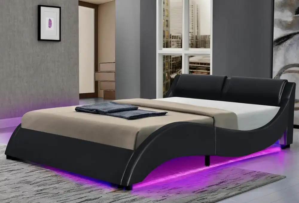 Cama estofada com led para móveis de quarto, cama branca de couro falso com led