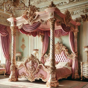 Europäischer Königlicher Klassischer Stil Rosa Samt Kopfteil Schlafzimmer Massivholz Elegantes Prinzessinnen-Bett Himmelbett - Product Image 2