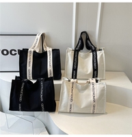 Tas Tote Kanvas Katun Custom Desain Fashion, Tas Selempang Pegangan Lebar Besar, Tas Belanja Desain Huruf dengan Kantong Penyimpanan di Dalam