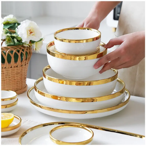 Ensemble de vaisselle en céramique blanche avec bordure dorée nordique, ensemble de vaisselle en porcelaine de luxe pour la maison, l'hôtel, le restaurant - Product Image 3