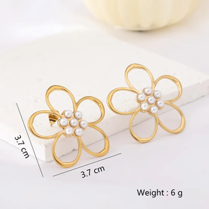 Boucles d'oreilles pour femmes en acier inoxydable 304 plaqué or 18 carats de haute qualité, électroplaqué sous vide, perle artificielle, fleur creuse, polie - Product Image 6