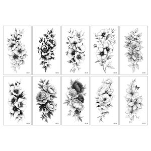 Autocollants de <span class=keywords><strong>tatouage</strong></span> temporaire motif rose grande fleur noire et blanche, style minimaliste vintage européen - Product Image 2