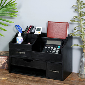 Black Wooden Storage Box Desktop Organizer With Compartments And <b>Drawers</b> For Office Use - Product Image 2