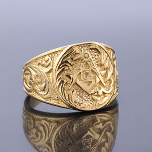 Anillo de acero inoxidable para hombre, sortija de titanio chapado en oro, Estilo Vintage, AG, masónico - Product Image 3