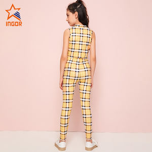 Enfants filles Plaid Sport costume col montant <span class=keywords><strong>sans</strong></span> manches haut court taille haute Yoga Legging Fitness filles entraînement ensemble - Product Image 5