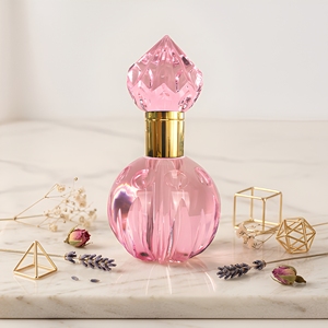 Crystal Coast Blue Faceted Glass Spray Printed Perfume <b>Bottle</b> with Gold Metal Cap and Round <b>Stopper</b> Design - Product Image 5