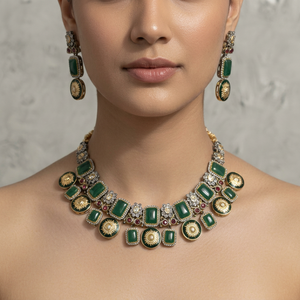 ชุดสร้อยคอและต่างหูชุบทองลายพระอาทิตย์สีเขียวโมนาลิซา สโตน แฟชั่นสำหรับผู้หญิง เหมาะสำหรับงานปาร์ตี้ - Product Image 1