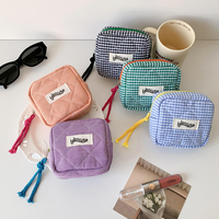 Sacs cosmétiques en tissu de coton écologique à carreaux miniatures avec logo personnalisé, fermeture éclair, sacs portables pour écouteurs, porte-monnaie mignon