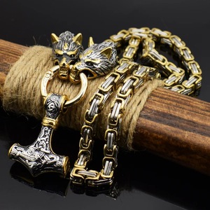 Lujo alta calidad cabeza <span class=keywords><strong>de</strong></span> <span class=keywords><strong>Lobo</strong></span> <span class=keywords><strong>dos</strong></span> tonos emperador collar vikingo oro Thor martillo Acero inoxidable encanto fresco hombres colgante - Product Image 3