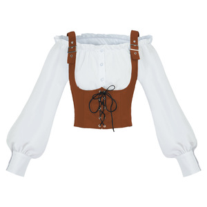 Chaleco de gamuza para mujer, sin cuello, con hombros descubiertos, manga larga, estilo corsé vintage con etiqueta, disfraz de Halloween - Product Image 1