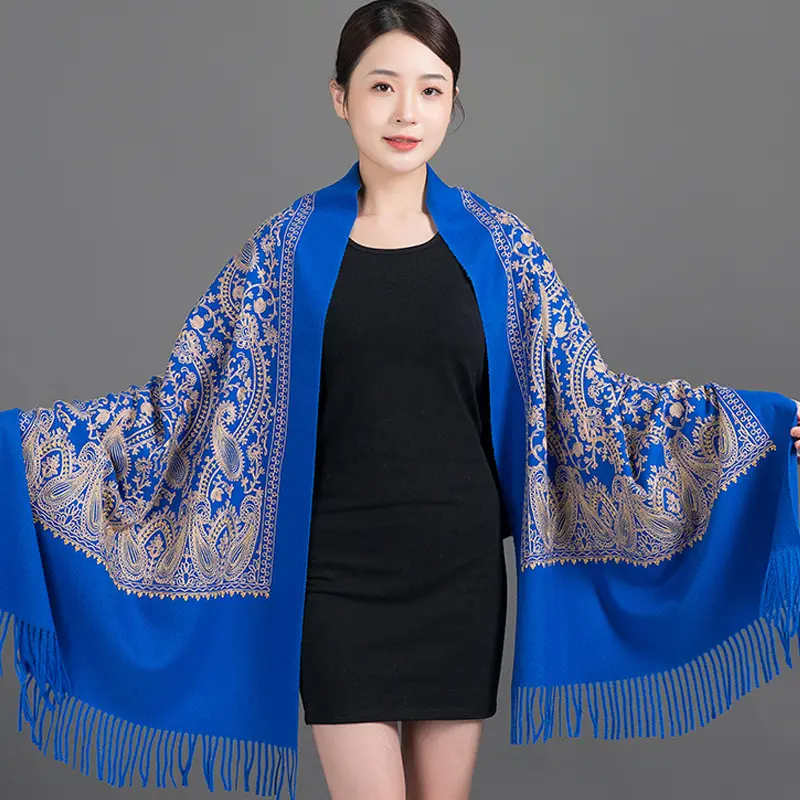 Tassel Thick Warm Shawl Embroidered Floral Cashmere Scarf Wholesale New Luxury Women Pashmina Solid Color Design Winter Adult